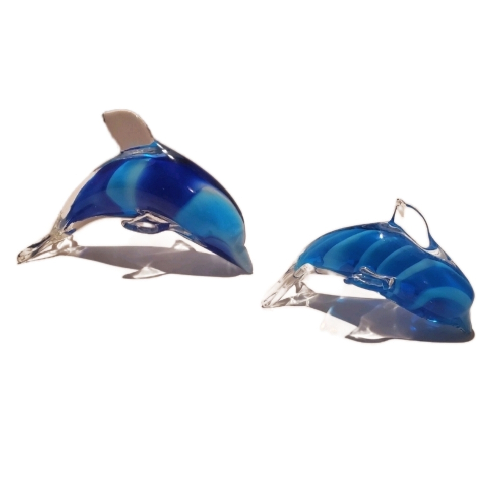 Set Of 2 Art Glass Dolphins Swirl Paperweights Decorative Figurines Bright Blue